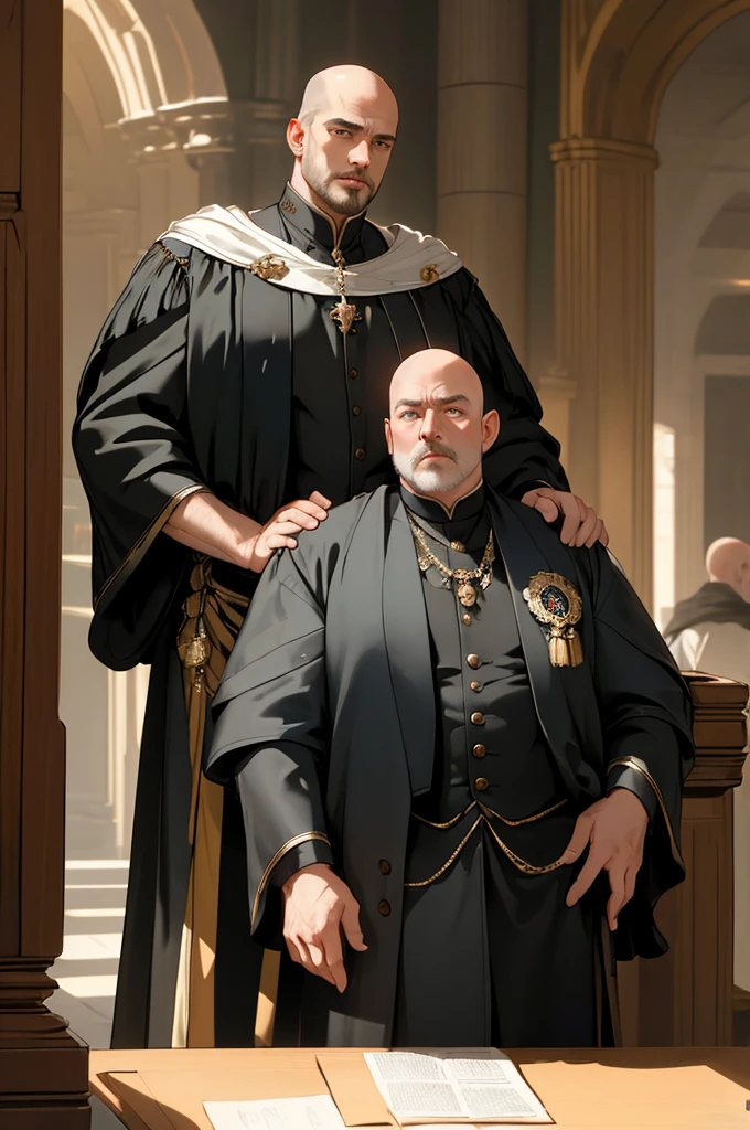 (masterpiece, highest quality), Opposite him stood an older man, whose sheer presence seemed to fill the hall. Bald and heavily fat, his corpulent frame was draped in luxurious fabrics that struggled to contain his bulk. His clothes, though equally noble, bore the marks of one accustomed to indulgence and excess. Despite his age and size, his eyes shone with a cunning wisdom, and his deep voice resonated with the echoes of countless secrets and strategies.
Dialogue in the Castle Hall
The two men engaged in a tense conversation, their contrasting figures stark against the backdrop of the castle’s grandeur. The young noble’s sharp gaze met the older man’s shrewd eyes, each word exchanged heavy with unspoken meanings. The hall, with its high vaulted ceilings and ornate decorations, seemed to listen in on their dialogue, a silent witness to the unfolding power play.