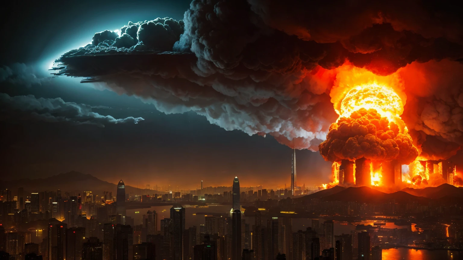1 single bright gigantic nuclear explosion with mushroom cloud at Kowloon, explanding shockwave in the sky, Desolate wreckage, apocalyptic, city in ruined, dark night time, masterpiece, highest quality, Surrealism