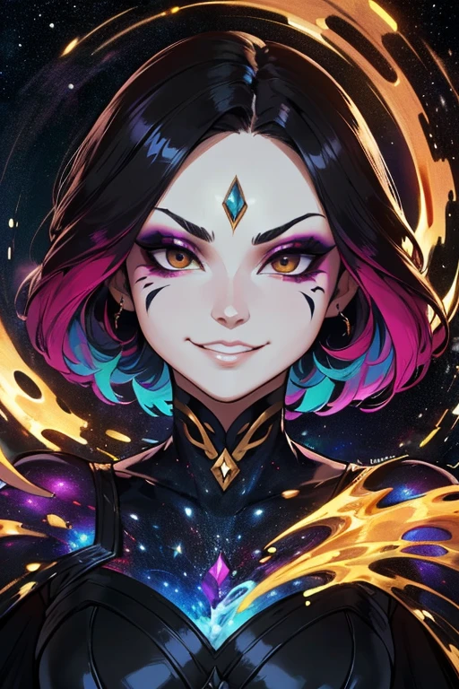 (The body is made of intergalactic liquid maevaine and black metallic paint.、It beautifully depicts the female form.。), nature,((Metallic colors of complex galaxy in the foreground)), (( Fluid Mechanics, The most beautiful smooth scale face makeup, Smirking expression)) -red, Black and Gold, Onyxia, Metallic Color Palette