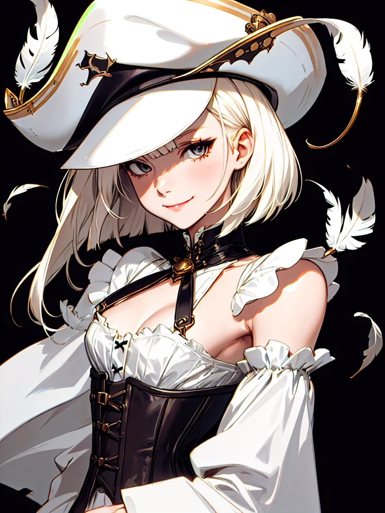 ((Portrait)), She has a Very Small and Slender Appearance, with a Flat Chest and a Mischievous Expression. Her Hair is Short, Neck-length, Platinum Blonde with Messy Strands and a Blunt Bangs. Her Light Gray Eyes Shine Strikingly against Her Pale Face. She Wears a Strapless White Linen Dress, with Detached Sleeves, and a Tightly Fitted Corset. She Also Wears a Huge Leather Trench Coat with Gold Details, and a Black Pirate Captain's Hat with Decorative Feathers, Portrait, HDR, ((Dark Background))