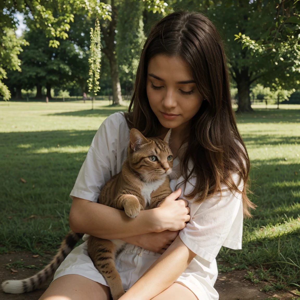 Lucie qui caresse un chat dans un parc