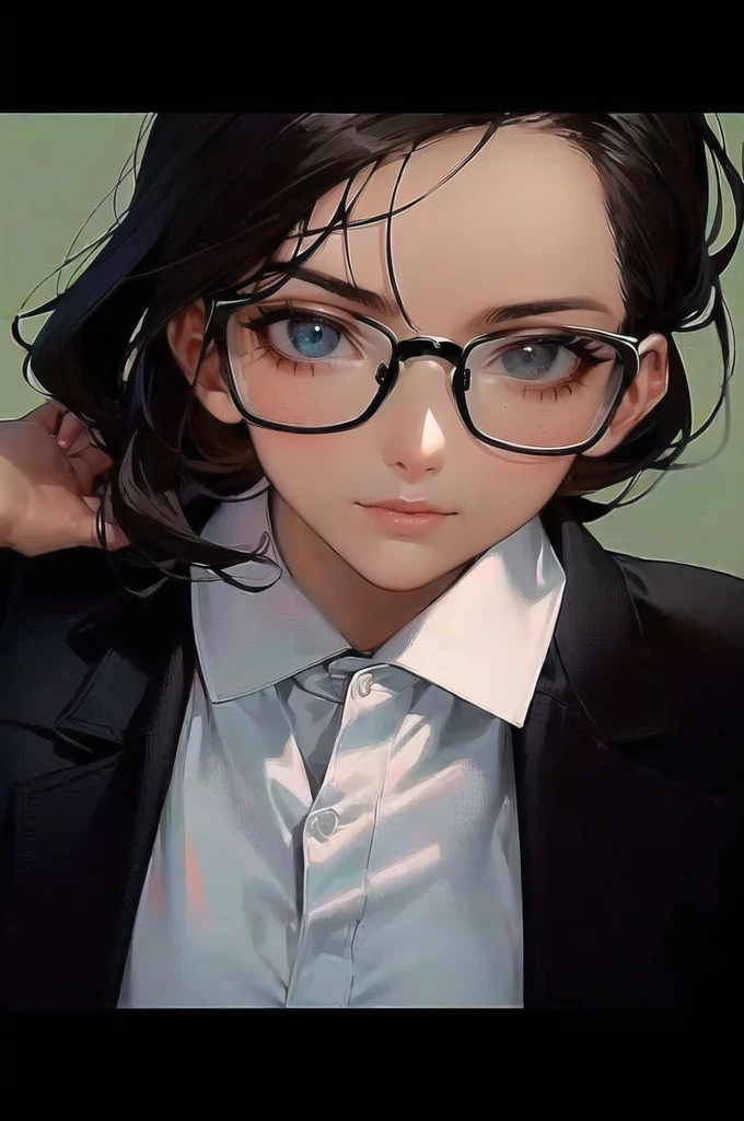 there is a anime woman wearing glasses and a white shirt, with glasses, !!wearing modern glasses!!, !!wearing glasses!!, with accurate face, potrait, with glasses on, spectacled, without glasses, in suit with black glasses, with square glasses, androgyny, androgynous, protrait, close up potrait, androgynous person