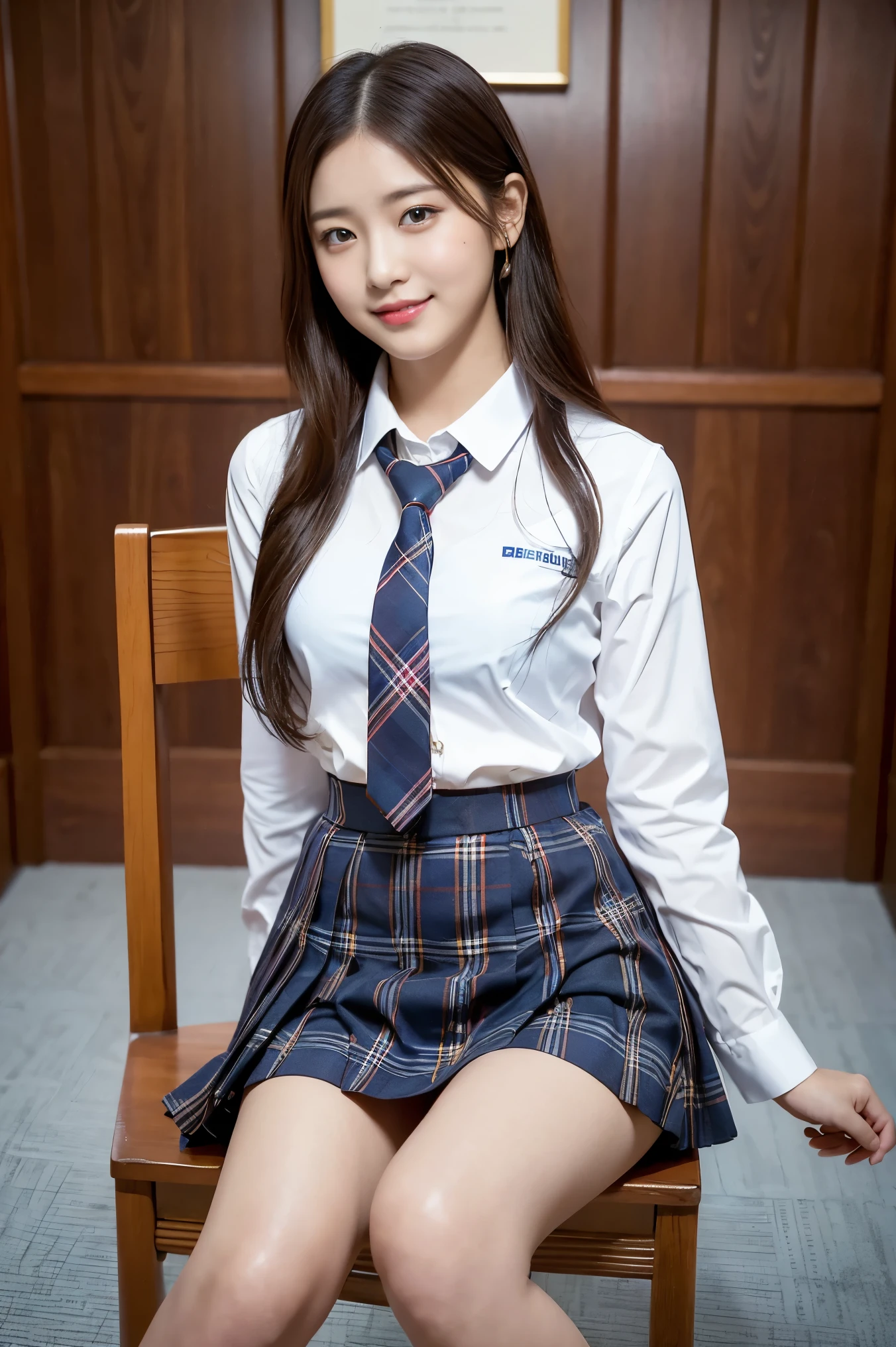(8k), (highest quality: 1.2), (Realistic), (Realistic: 1.37), Ultra-high resolution, (1 girl), cute, blush,Embarrassed smile, Beautiful details, Beautiful Nose, straight Hair, Giant Dulcefo, pork, Thighs，Self Snap,University Uniforms,(A simple ノースリーブシャツ:1.4),(Pleated skirt:1.2),(The skirt and tie are tartan check pattern.:1.3),(Sitting:1), Sit on the chair,(Hold my feet:1),(Shiny legs:1.2),from the front,knees