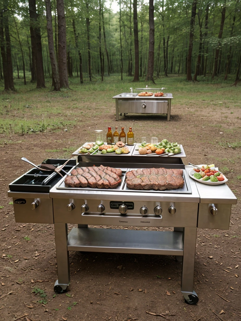 outdoor cooking meats camping bbq in the forest