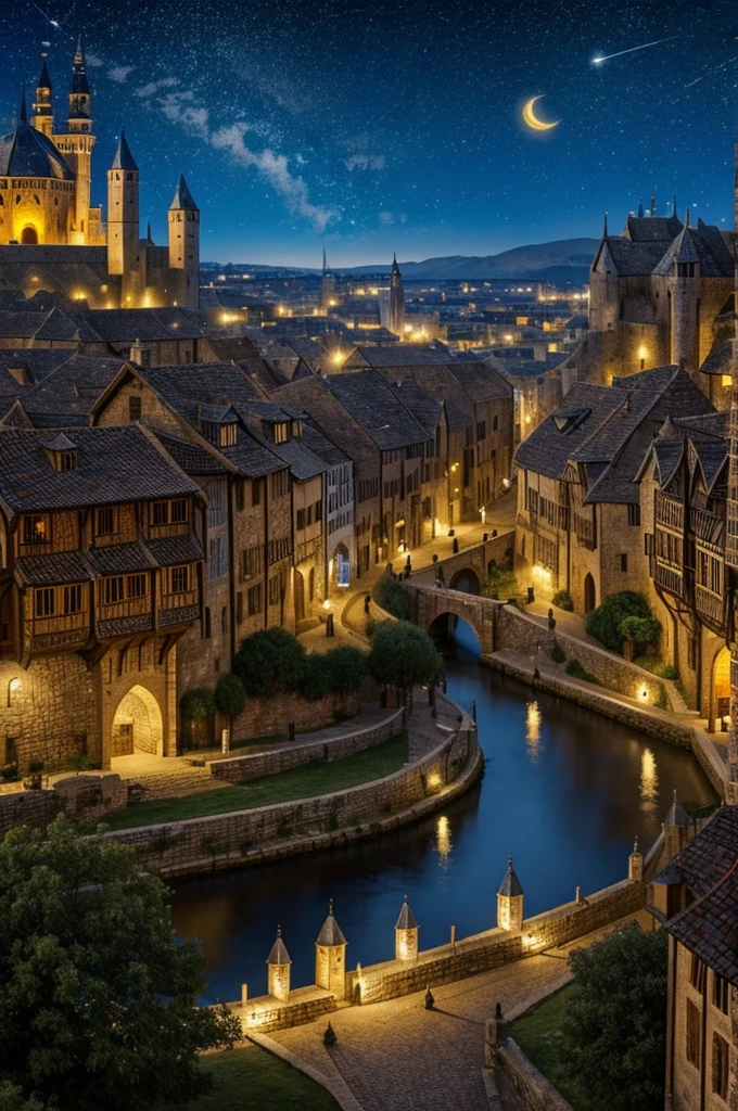 Medieval and technological city with lights fights throughout this medieval city on a starry night. Some knights in the distance and crows in the skies.