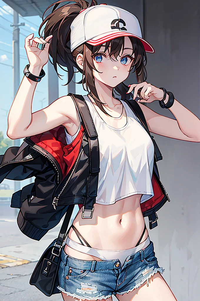 This character is a young girl with long brown hair tied in a high ponytail. She wears a white cap with a red symbol, a white tank top, a black sleeveless jacket, ripped denim shorts and black bracelets. She also has a gray shoulder bag. His eyes are big and blue