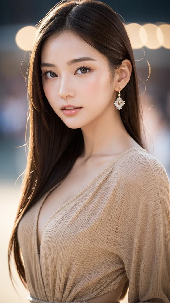 Highest quality、Realistic、Realistic、Very detailed、Very delicate and beautiful、RAW Photos、Professional Lighting、Facial Light、Written boundary depth、Focus Only、Ezvian Everywhere,1 female (Beach at night):1.4)、Brown haired、Brown eyes、Small Head、Beautiful Eyes、Dark eyeliner、非常にLarge Breasts、True Face、Real Skin、A vivid face、Realistic Skin、fine grain、Detailed facial features、Detailed characteristics of the garment、(Fashion Clothing:1.3) ), (Fashion Hairstyles: 1.3)、 Looking at the audience, Simple Background, Magnificent face, Beautiful Teeth、Large Breasts、valley