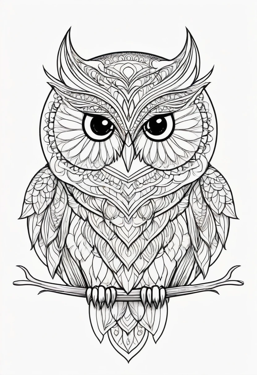 happy white and black owl, Simplified Mandala style, outline, vector, white background