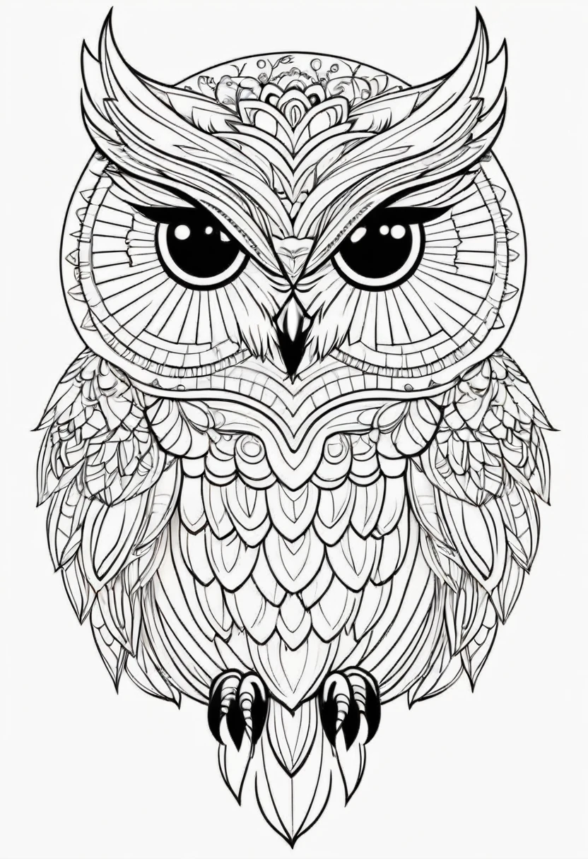happy white and black owl, Simplified Mandala style, outline, vector, white background