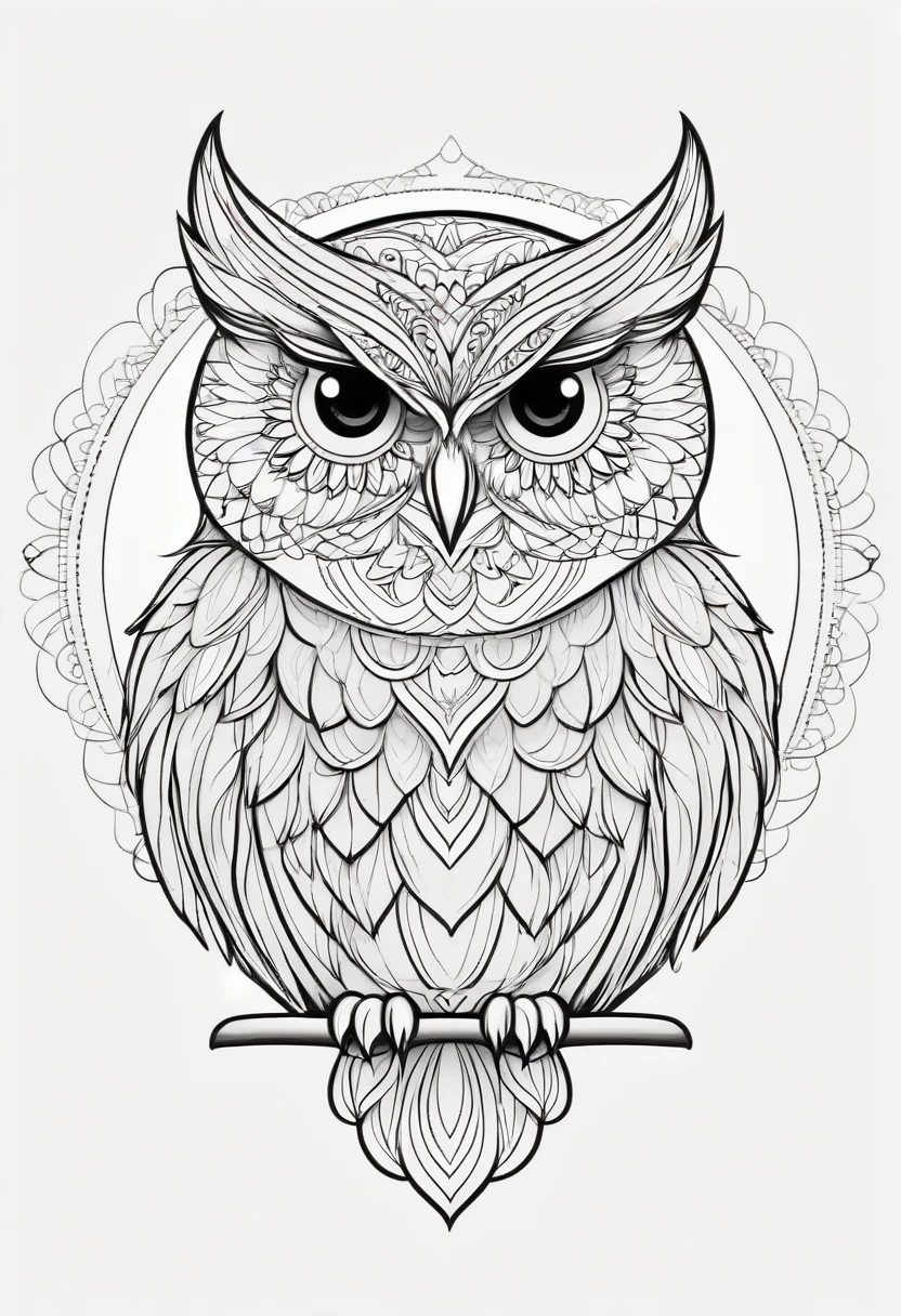 happy white and black owl, Simplified Mandala style, outline, vector, white background