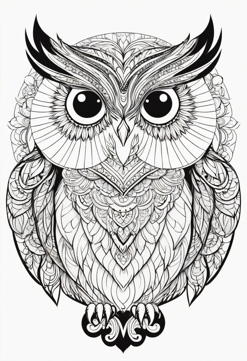 happy white and black owl, Simplified Mandala style, outline, vector, white background