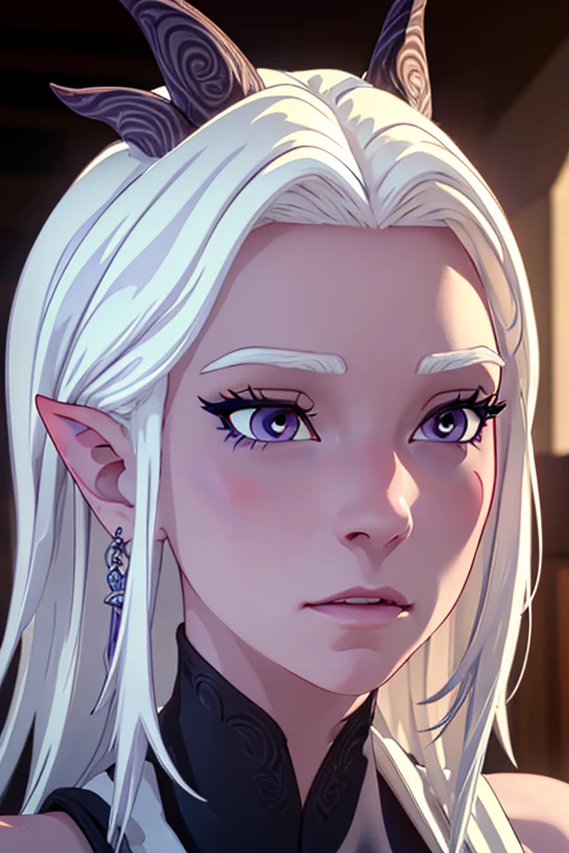 beautiful detailed eyes, beautiful detailed lips, extremely detailed eyes and face, long eyelashes, 1girl, white hair, horns, pointy ears, completely nude, intricate detailed skin, highly detailed, photorealistic, hyper realistic, 8k, masterpiece, ultra-detailed, physically-based rendering, vivid colors, studio lighting