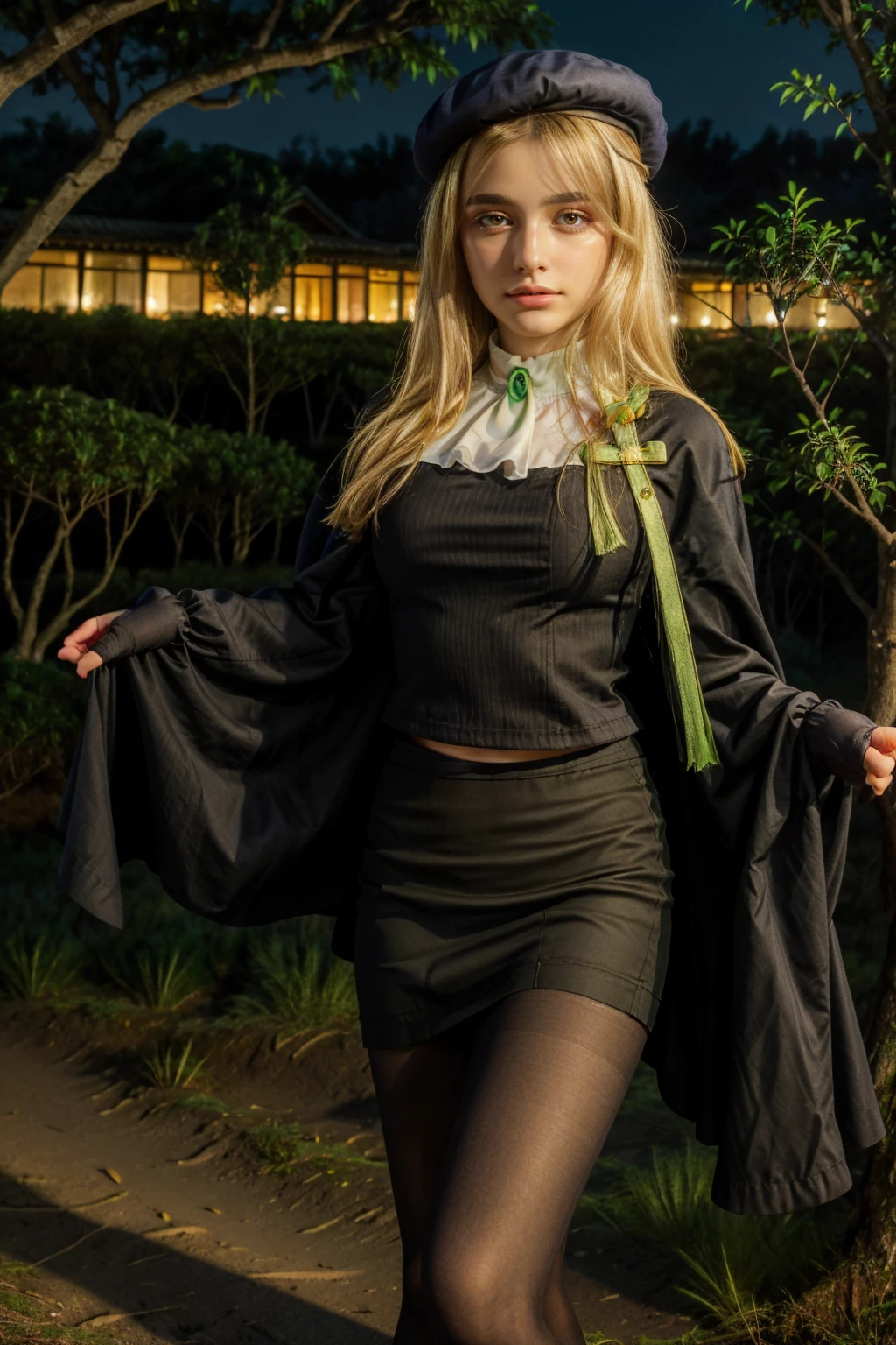 1 girl, best quality, ((Miyo)), tarankaaa, perfect face, beautiful smile, 30 years old, ((ascot,uniform, black skirt, cross, ribbon, gold blonde hair, emerald, beret, cape, pantyhose, long shirt)), ((perfectly drawn hands)), perfect body, bare tree, bush, fog, forest, grass, nature, outdoors, plant, scenery, solo, standing, tree, 32k photograph, ((perfect eyes, detailed eyes,realistic eyes)), ((sharp face, detailed face, realistic face, natural skin, realistic skin, detailed skin, pores)), full body, tone mapping, asian-european, ((masterpiece)), ((highres)), ((detailed background)), japanese village background, night, big proportions, (abdomen is covered)