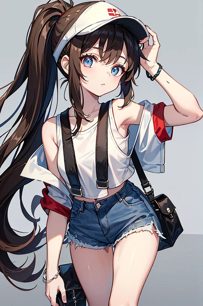 This character is a young girl with long brown hair tied in a high ponytail. She wears a white cap with a red symbol, a white tank top, a black sleeveless jacket, ripped denim shorts and black bracelets. She also has a gray shoulder bag. His eyes are big and blue