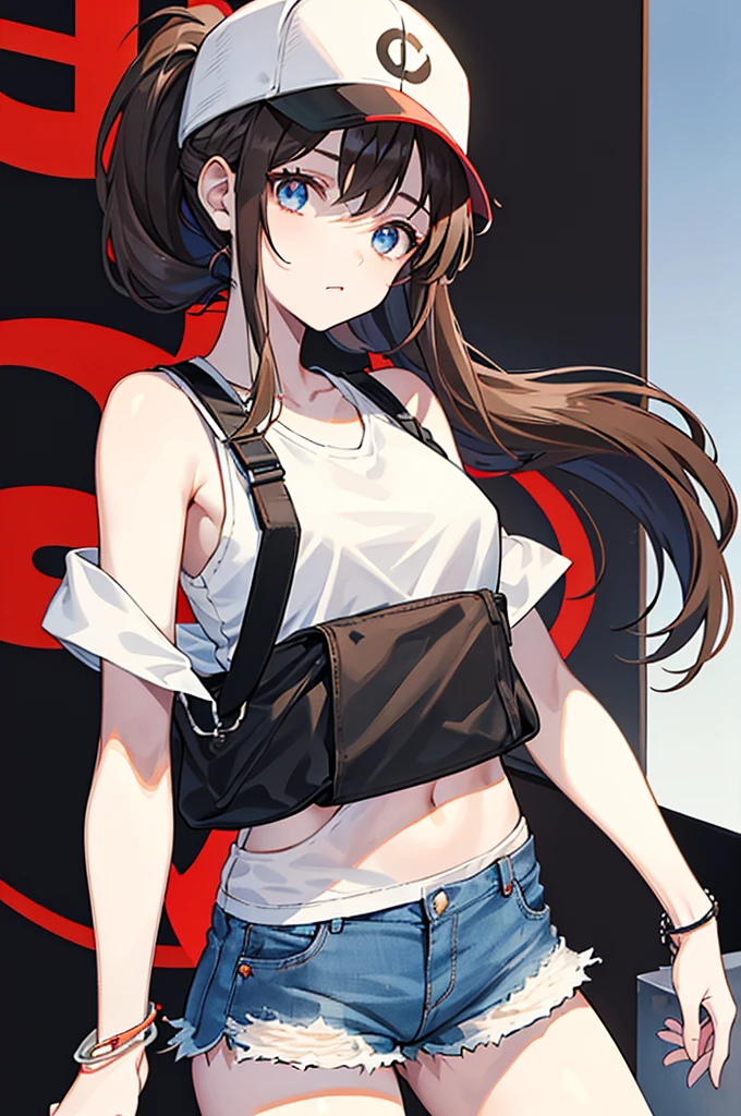 This character is a young girl with long brown hair tied in a high ponytail. She wears a white cap with a red symbol, a white tank top, a black sleeveless jacket, ripped denim shorts and black bracelets. She also has a gray shoulder bag. His eyes are big and blue