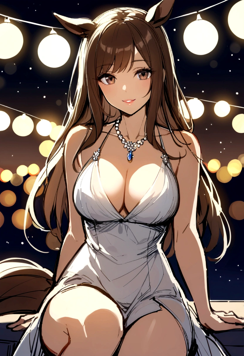 slender, mature female,1girl, breasts, flower, long_hair, brown_hair, cleavage, jewelry, moon, solo, looking_at_viewer, full_moon, night, large_breasts, sitting, bangs, bokeh, smile, bare_shoulders, lens_flare, dress, necklace, collarbone, white_dress, sketch, brown_eyes, lights, lips, black_eyes, night_sky, parted_lips, sky, eyebrows_visible_through_hair, closed_mouth, thighs, sidelocks, bare_legs, sleeveless, outdoors, animal_ears, horse_ears, horse_girl, horse_tail,