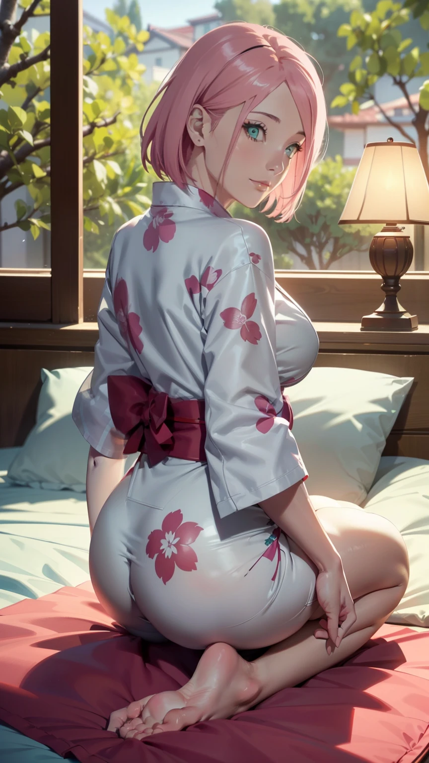 wearing a sexy yukata, lifting ass, (High detail:1 1), natural skin, preety face, laying down in bed, High quality, photo from behind, Sakura, showing ass, thicc ass, Pink hair, short detailed hair,green eyes,(smile:1.2),Red face,bending over, laying down,sexy figure,Perfect body,gorgeous eyes, (detailed face and eyes), (Face: 1 2), Real Photo, Lamp Film Photography, Sharp Focus, High Contrast Lighting, Sensitive Skin, High Definition 8K, Crazy Details, Realistic, Professional Photography, 8K UHD, SLR camera, soft lighting, high quality, sakura, sakura Haruno