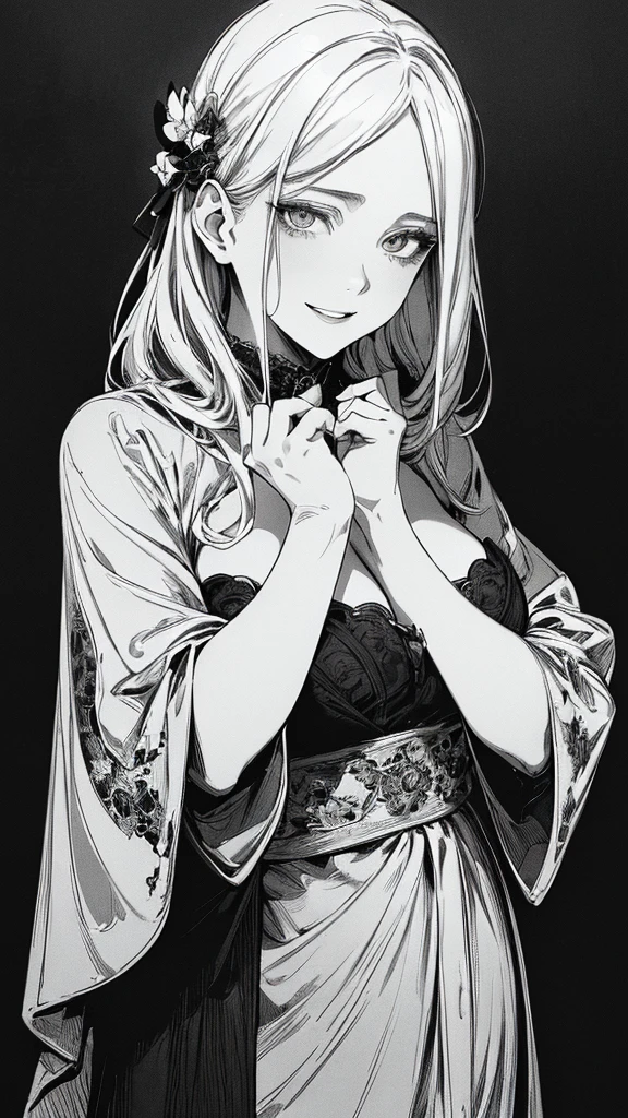 Highest quality, (Background details), High Contrast, Very beautiful woman, Detailed original illustrations、functional、Priest、White Robe、Delicate face、Charm、Villainess、sexy、Real breasts、Crazy Smile, Crazy Eyes,  Black background, (Black background: 1.5), Beautiful line art、Monochrome