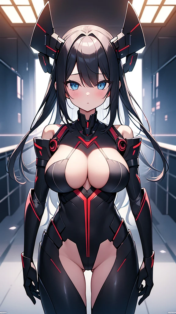 (Highly detailed CG Unity 8k wallpaper,masterpiece, Biological, whole body),(Best lighting, Best Shadow, Very delicate and beautiful),(One girl),blue eyes, Big Breasts, Black Hair,Red and black off-the-shoulder SF ハイレグbodysuit,Neck Seal,High-tech sci-fi corridor, Dynamic pose, Detailed Machinery, Sleek design., {{An extraterrestrial lifeform preys on girls and takes their place、Her breasts are bigger than a real girl's}}, Unknown sensation, Feels good, Vigorous movement, more, instinct, Female fall, Bouncing chest, loose, loose, Next to a real girl skeleton, NSFW