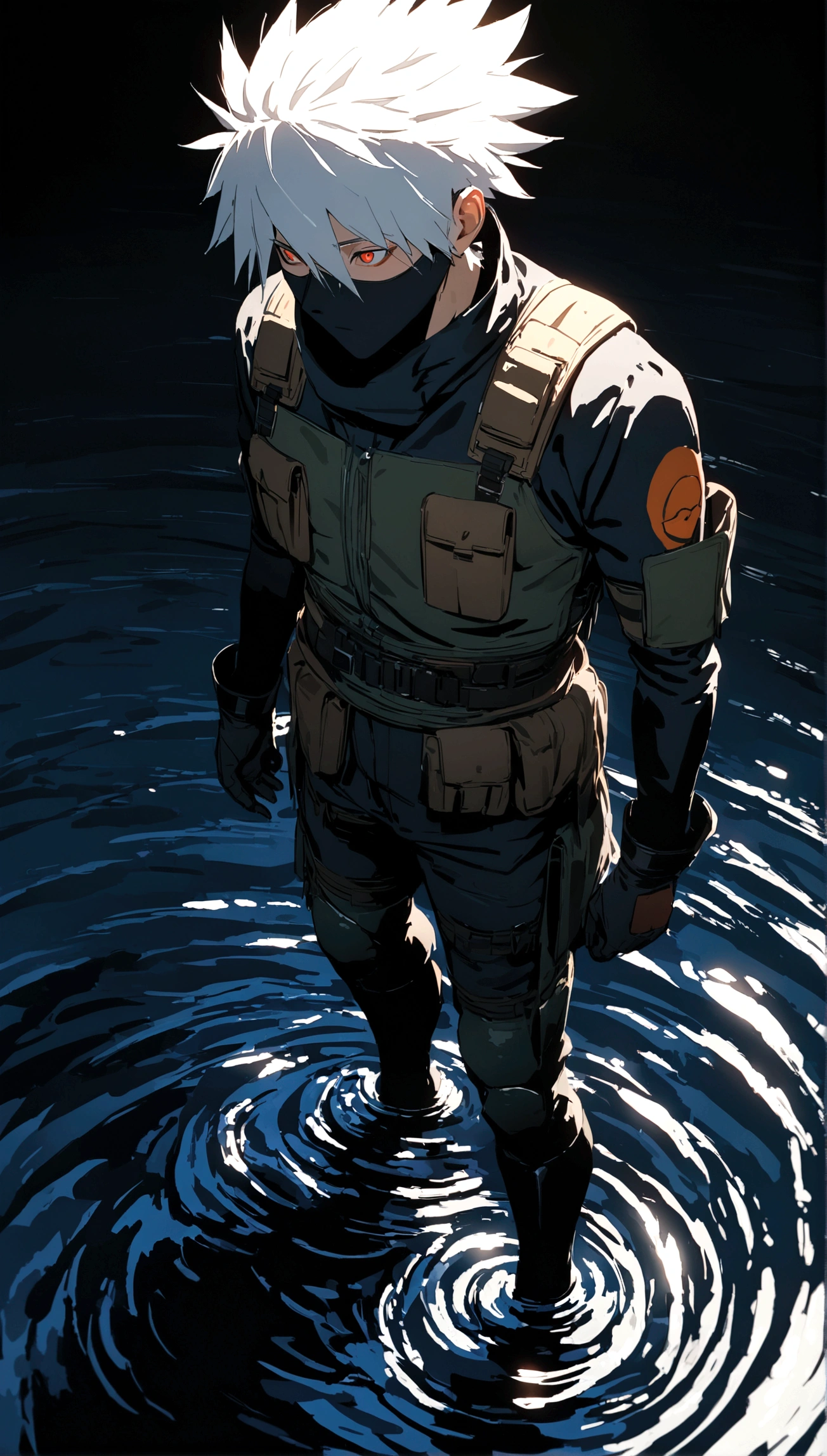 Kakashi Hatake, (in a lake), masterpiece, best quality, ultra quality, absurd details, best light, best shadow, sharp, sharp picture, detailed face, detailed eyes, detailed hair, detailed, extremely detailed, great resolution, 8k, 4k, uhd, ray tracing, beautiful effects, image of (full body)