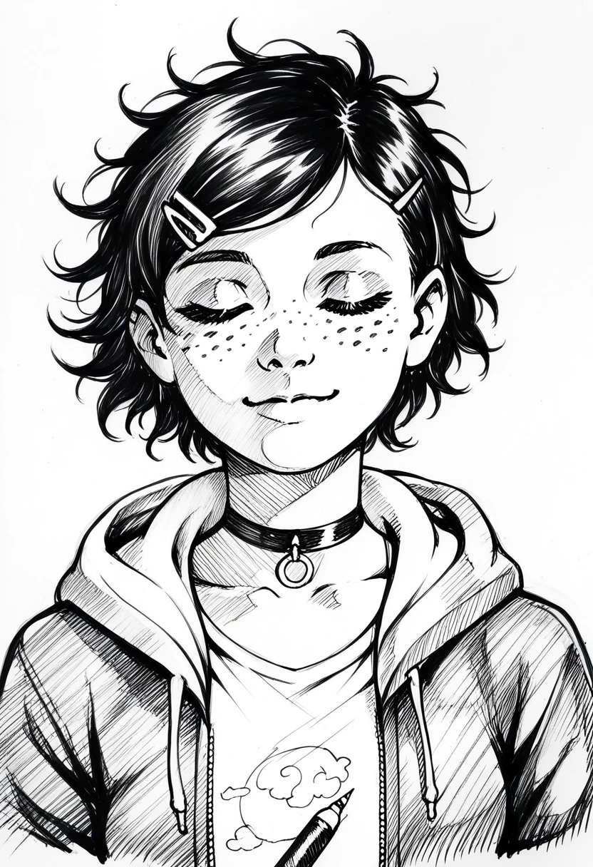 score_9, score_8_up, score_7_up, score_6_up, score_5_up, score_4_up, BREAK sketch, (Pencil_Sketch:1.2, messy lines, greyscale, traditional media, sketch), unfinished, hatching (texture), monochrome, 1girl, solo, woman,, 1girl, upper body, closed eyes, smile, closed eyes, closed mouth, white background, choker, Freckles, hairclip, jacket, hoodie, (dynamic angle),