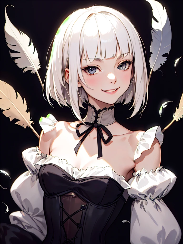 ((Portrait)), She has a Very Small and Slender Appearance, with a Flat Chest, and Smug and Mischievous Smile. Her Hair is Short, Neck-length, Platinum Blonde with Messy Strands and Blunt Bangs. Her Light Gray Eyes Shine Strikingly against Her Pale Face. She Wears a Strapless White Linen Dress, with Detached Sleeves, a Tightly Fitted Corset, and Decorative Feathers, Portrait, HDR, ((Dark Background))