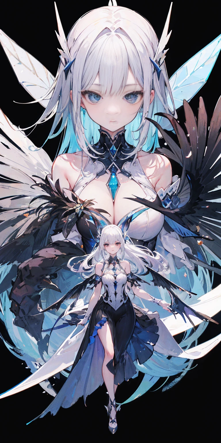 Oil painting frame,Big Perspective,Wide Angle,Impactful graphics,floating,sideways,Character Close-up,4K,masterpiece,best quality,ruins,(Transparent skirt,black background),Clear,master,Various actions,Full body portrait,portrait,1 female, (Mature),Long face,Pointed face,White long hair,Fairy,gemstone crow,Wings Dress, Mecha,Fairy air,ribbon, diamond, Bare shoulders, crow, Looking at the audience, in the sky, fLight, Vibrant colors, Light, masterpiece, best quality, flight,Mature,asymmetrical clothes,HighLights,Long skirt,Own,Personal Photography