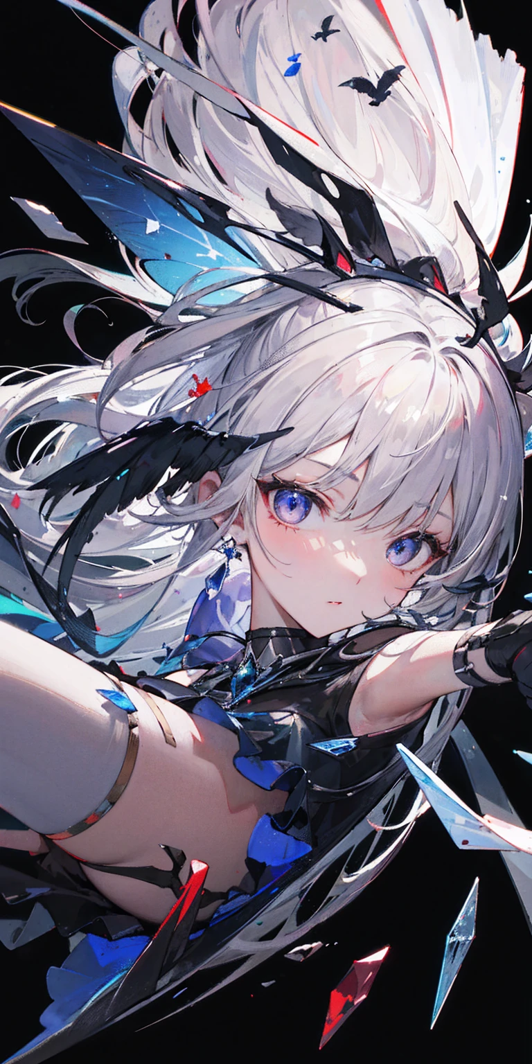 Oil painting frame，Big Perspective，Wide Angle，Impactful graphics，floating，sideways，Character Close-up，4K，masterpiece，best quality，ruins，(Transparent skirt，black background)，Clear，master，Various actions，Full body portrait,portrait,1 female, (Mature)，Long face，Pointed face，White long hair，Fairy，gemstone crow，Wings Dress,  Mecha,Fairy air，ribbon， diamond, Bare shoulders, crow, Looking at the audience, in the sky, fLight, Vibrant colors, Light, masterpiece, best quality, flight，Mature，asymmetrical clothes，HighLights，Long skirt，Own，Personal Photography