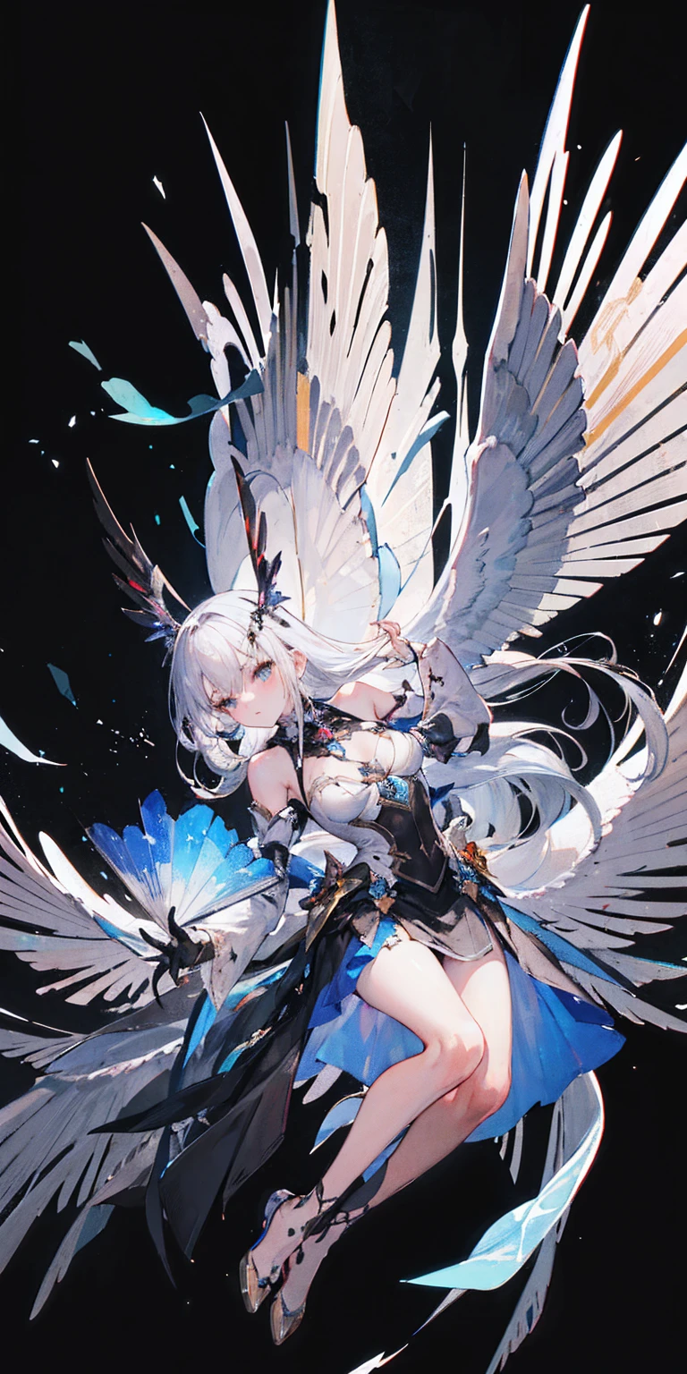 Oil painting frame,Big Perspective,Wide Angle,Impactful graphics,floating,sideways,Character Close-up,4K,masterpiece,best quality,ruins,(Transparent skirt,black background),Clear,master,Various actions,Full body portrait,portrait,1 female, (Mature),Long face,Pointed face,White long hair,Fairy,gemstone crow,Wings Dress, Mecha,Fairy air,ribbon, diamond, Bare shoulders, crow, Looking at the audience, in the sky, fLight, Vibrant colors, Light, masterpiece, best quality, flight,Mature,asymmetrical clothes,HighLights,Long skirt,Own,Personal Photography