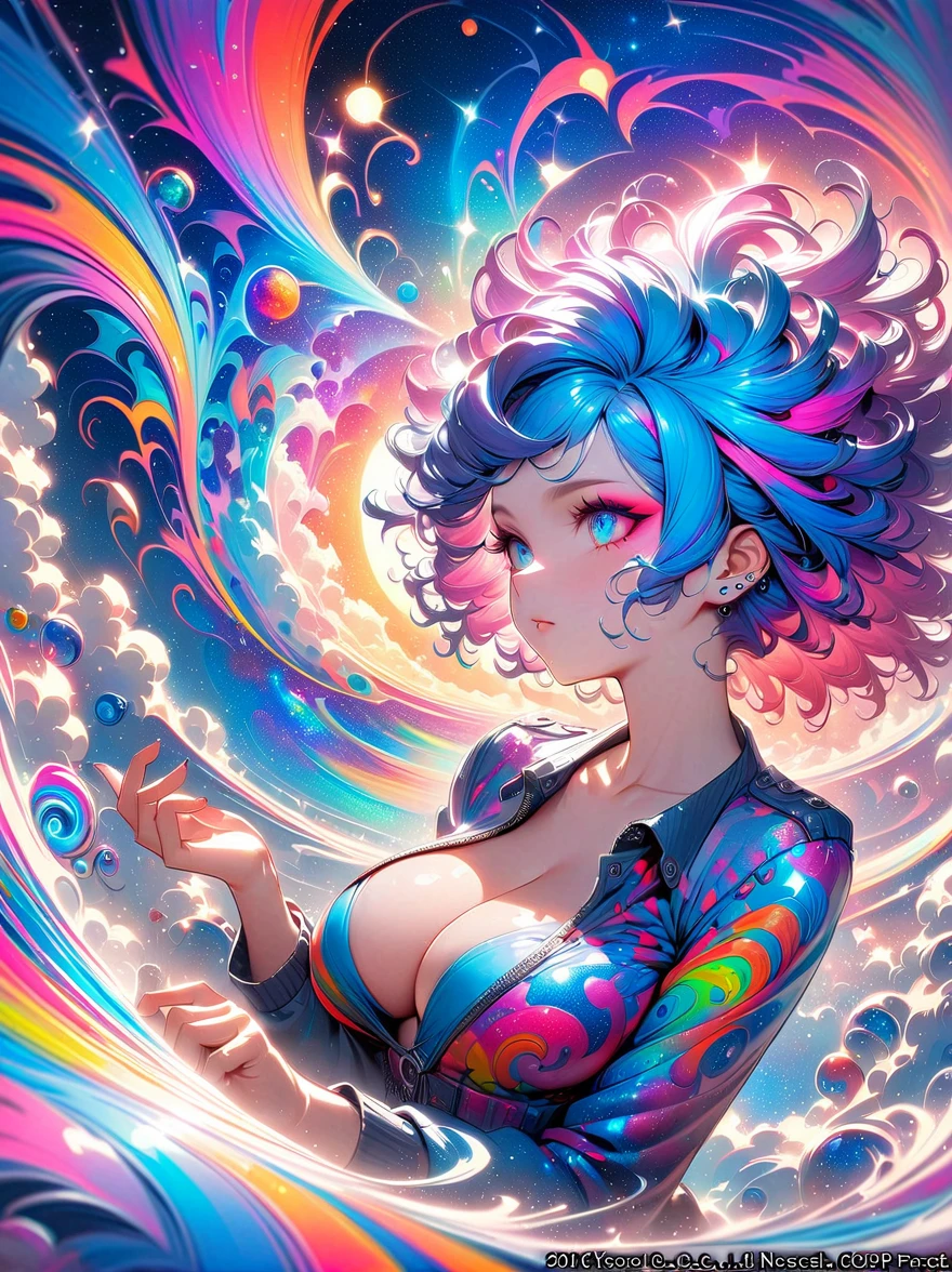 (masterpiece, top quality, best quality, official art, beautiful, cosmic, atmospheric, psychedelic, dreamlike and aesthetic, swirling psychedelic cosmic graffiti patterns:1.2), (1girl), extreme detailed,(fractal art:1.3),colorful,highest detailed, (Best Quality, 8K, masutepiece:1.3), Ultra-detailed, (Photorealistic:1.4), pink and white colors, perfect color scheme, albino, Punk rock Girl, Detailed moonlight eyes, full body portrait, Luxurious neon blue punk hair, Edgy Harajuku-inspired punk rock fashion, super huge enormously gigantic , cleavage showing, Avant-garde makeup, Numerous piercings, Heavily tattooed body, swirling psychedelic cosmic dreamlike graffiti pattern background 