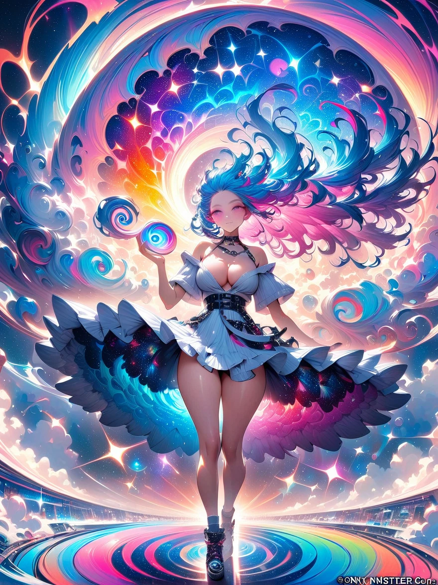 (masterpiece, top quality, best quality, official art, beautiful, cosmic, atmospheric, psychedelic, dreamlike and aesthetic, swirling psychedelic cosmic graffiti patterns:1.2), (1girl), extreme detailed,(fractal art:1.3),colorful,highest detailed, (Best Quality, 8K, masutepiece:1.3), Ultra-detailed, (Photorealistic:1.4), pink and white colors, perfect color scheme, albino, Punk rock Girl, Detailed moonlight eyes, full body portrait, Luxurious neon blue punk hair, Edgy Harajuku-inspired punk rock fashion, super huge enormously gigantic , cleavage showing, Avant-garde makeup, Numerous piercings, Heavily tattooed body, swirling psychedelic cosmic dreamlike graffiti pattern background 