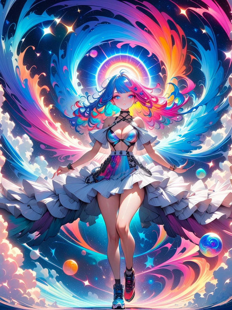 (masterpiece, top quality, best quality, official art, beautiful, cosmic, atmospheric, psychedelic, dreamlike and aesthetic, swirling psychedelic cosmic graffiti patterns:1.2), (1girl), extreme detailed,(fractal art:1.3),colorful,highest detailed, (Best Quality, 8K, masutepiece:1.3), Ultra-detailed, (Photorealistic:1.4), pink and white colors, perfect color scheme, albino, Punk rock Girl, Detailed moonlight eyes, full body portrait, Luxurious neon blue punk hair, Edgy Harajuku-inspired punk rock fashion, super huge enormously gigantic , cleavage showing, Avant-garde makeup, Numerous piercings, Heavily tattooed body, swirling psychedelic cosmic dreamlike graffiti pattern background
