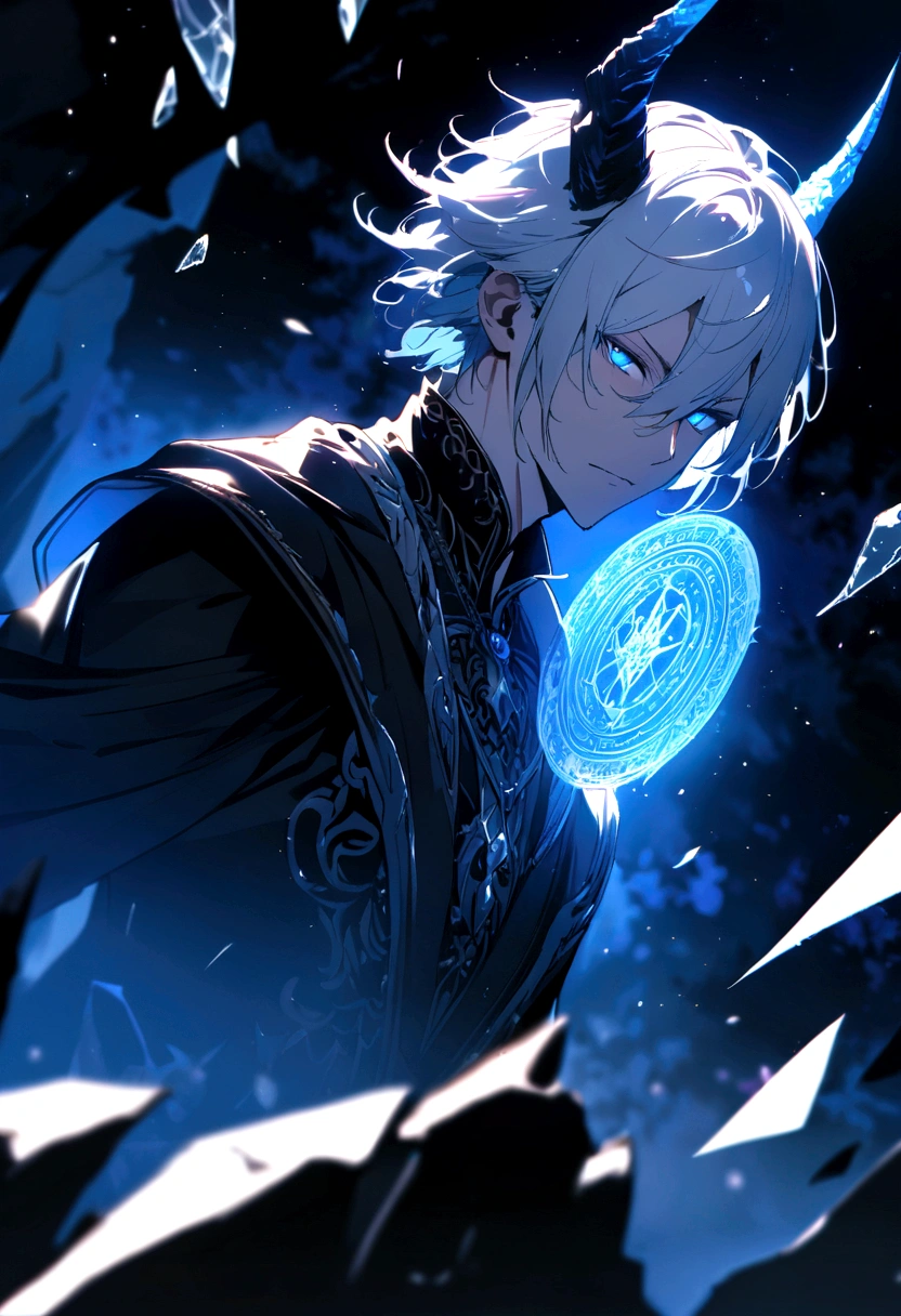(masterpiece, best quality, ultra-detailed, best shadow), (detailed background,dark fantasy), black dragon horn on head detail, (handsome detailed face), high contrast, (best illumination, an extremely delicate and beautiful), ((cinematic light)), colorful, hyper detail, dramatic light, intricate details, (1boy, solo,white hair, sharp face,blue eyes, hair between eyes,dynamic angle), blood splatter, blue moon, blue magic light, swirling black light around the character, depth of field,black light particles,(broken glass),magic circle,