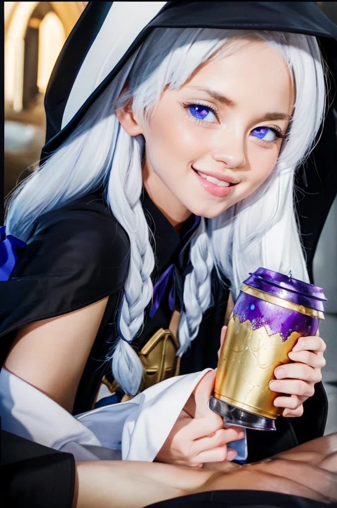 Elena_(Maybe_No_hearing), masterful, masterpiece, 4K,, 1 girl, Female, Beautiful, cup, White hair, Big Magic Hat + black on top and purple on the inside, Blue eyes, White shirt, yellow ribbon, black robe,, kawaii, Looking at the viewer, A slight smile, magical girl, background medieval Europe,