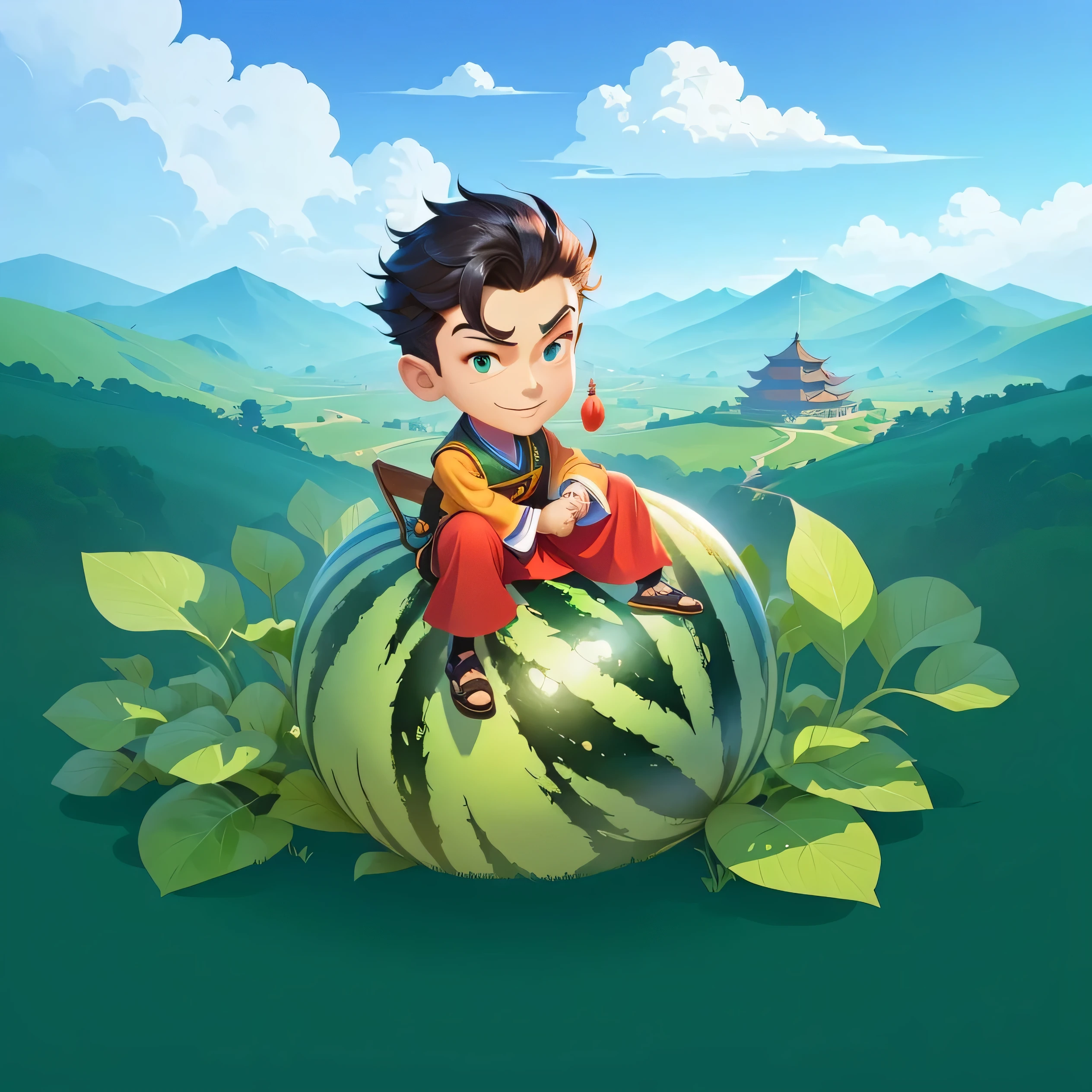 There is a cartoon，It is a man in Chinese clothes sitting on a watermelon, Stylized digital illustration, Official illustrations, Jack and the Beanstalk, Mobile Game Art, Official Art, Official character illustrations, game illustration, Inspired by Luigi Casimir (Luigi Kasimir), 2. 5D Illustration, Stylized game art, Mobile game background, Official Artwork, Official screenshots, Background artwork, Digital illustration style