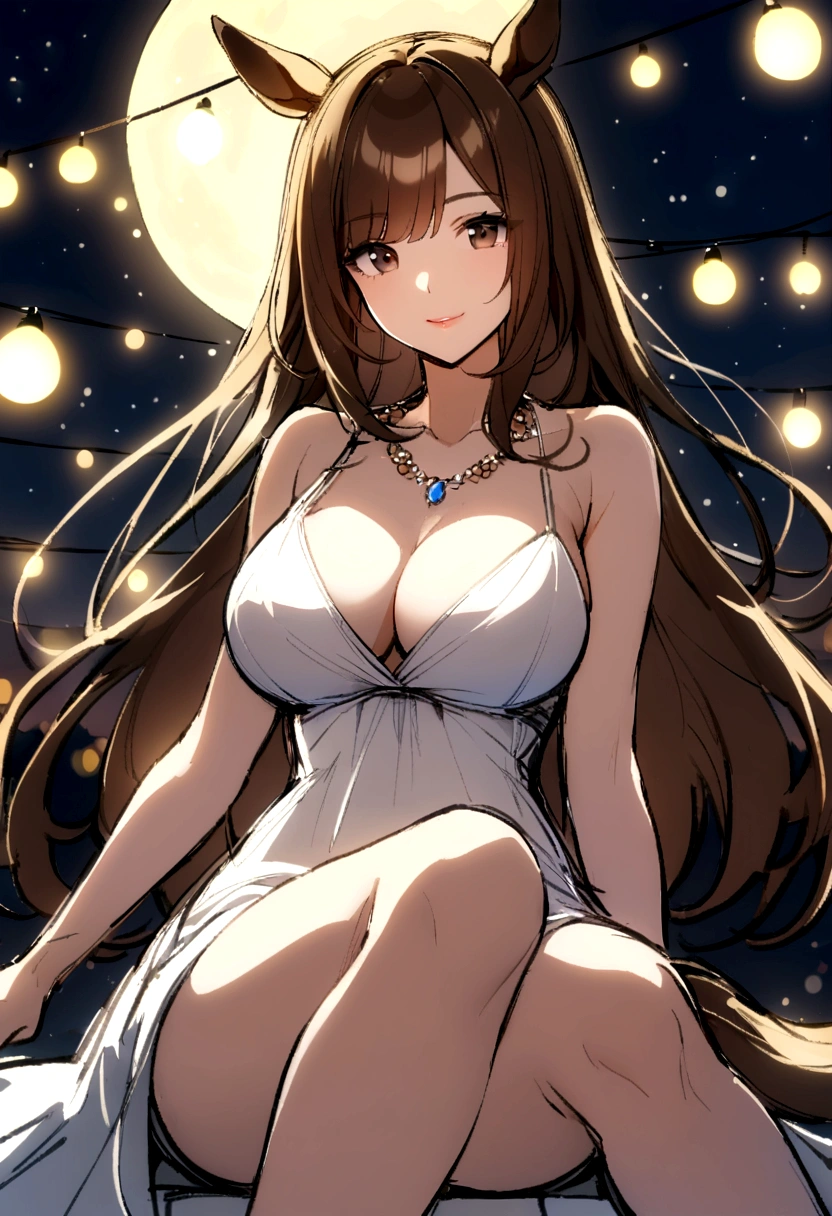 slender, mature female,1girl, breasts, flower, long_hair, brown_hair, cleavage, jewelry, moon, solo, looking_at_viewer, full_moon, night, large_breasts, sitting, bangs, bokeh, smile, bare_shoulders, lens_flare, dress, necklace, collarbone, white_dress, sketch, brown_eyes, lights, lips, black_eyes, night_sky, parted_lips, sky, eyebrows_visible_through_hair, closed_mouth, thighs, sidelocks, bare_legs, sleeveless, outdoors, animal_ears, horse_ears, horse_girl, horse_tail, 