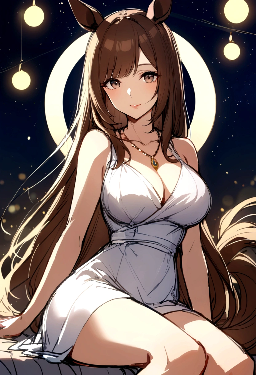 slender, mature female,1girl, breasts, flower, long_hair, brown_hair, cleavage, jewelry, moon, solo, looking_at_viewer, full_moon, night, large_breasts, sitting, bangs, bokeh, smile, bare_shoulders, lens_flare, dress, necklace, collarbone, white_dress, sketch, brown_eyes, lights, lips, black_eyes, night_sky, parted_lips, sky, eyebrows_visible_through_hair, closed_mouth, thighs, sidelocks, bare_legs, sleeveless, outdoors, animal_ears, horse_ears, horse_girl, horse_tail,