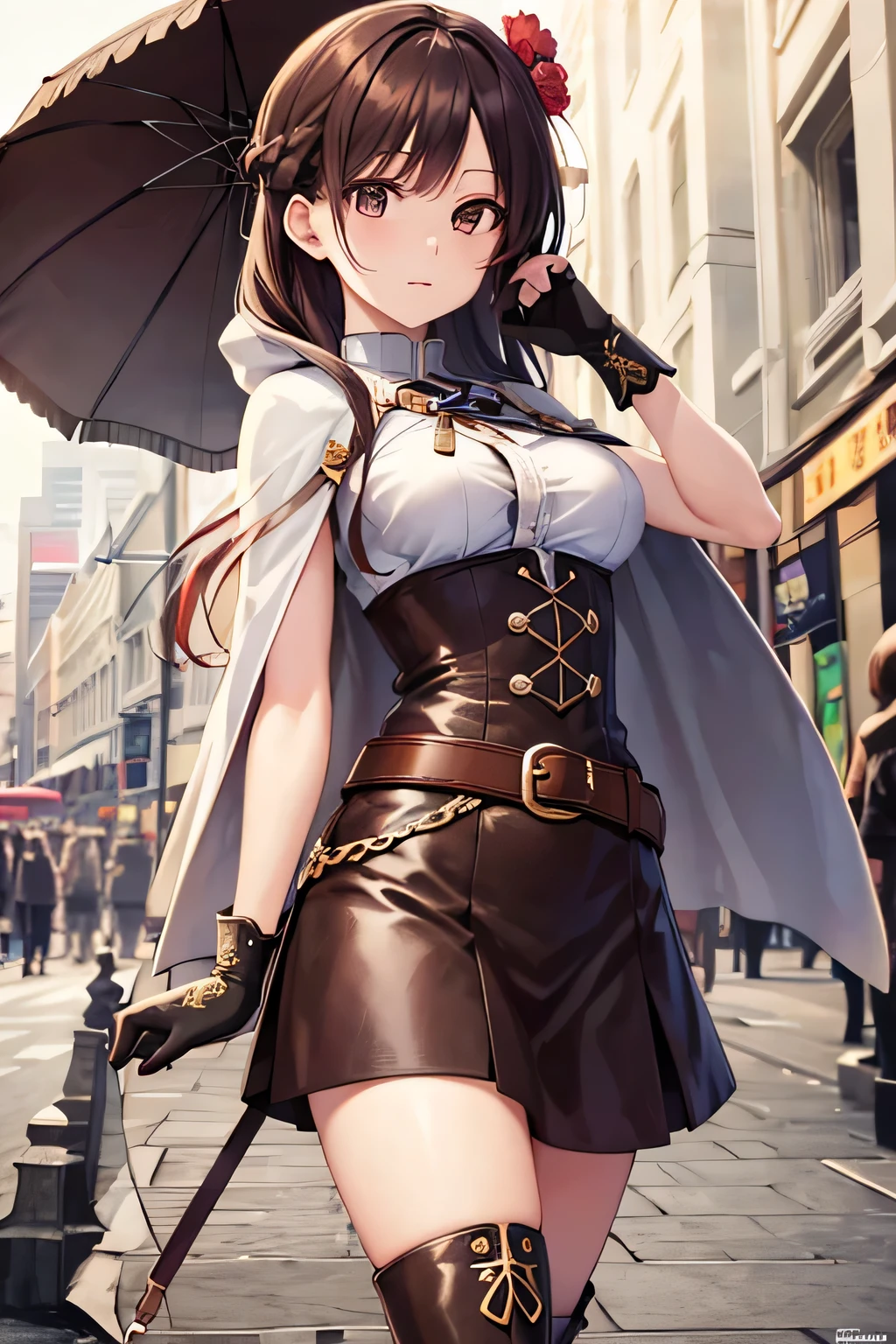 Chizuru mitzuhara ,Chizuru mitzuhara, Chizuru mitzuhara, long hair, brown hair, (brown eyes), (medium breast:1.2),
BREAK skirt, gloves, boots, belt, cape, cloak, white cloak, hat, cap,
BREAK looking at viewer,
BREAK outdoors,
BREAK (masterpiece:1.2), best quality, high resolution, unity 8k wallpaper, (illustration:0.8), (beautiful detailed eyes:1.6), extremely detailed face, perfect lighting, extremely detailed CG, (perfect hands, perfect anatomy),