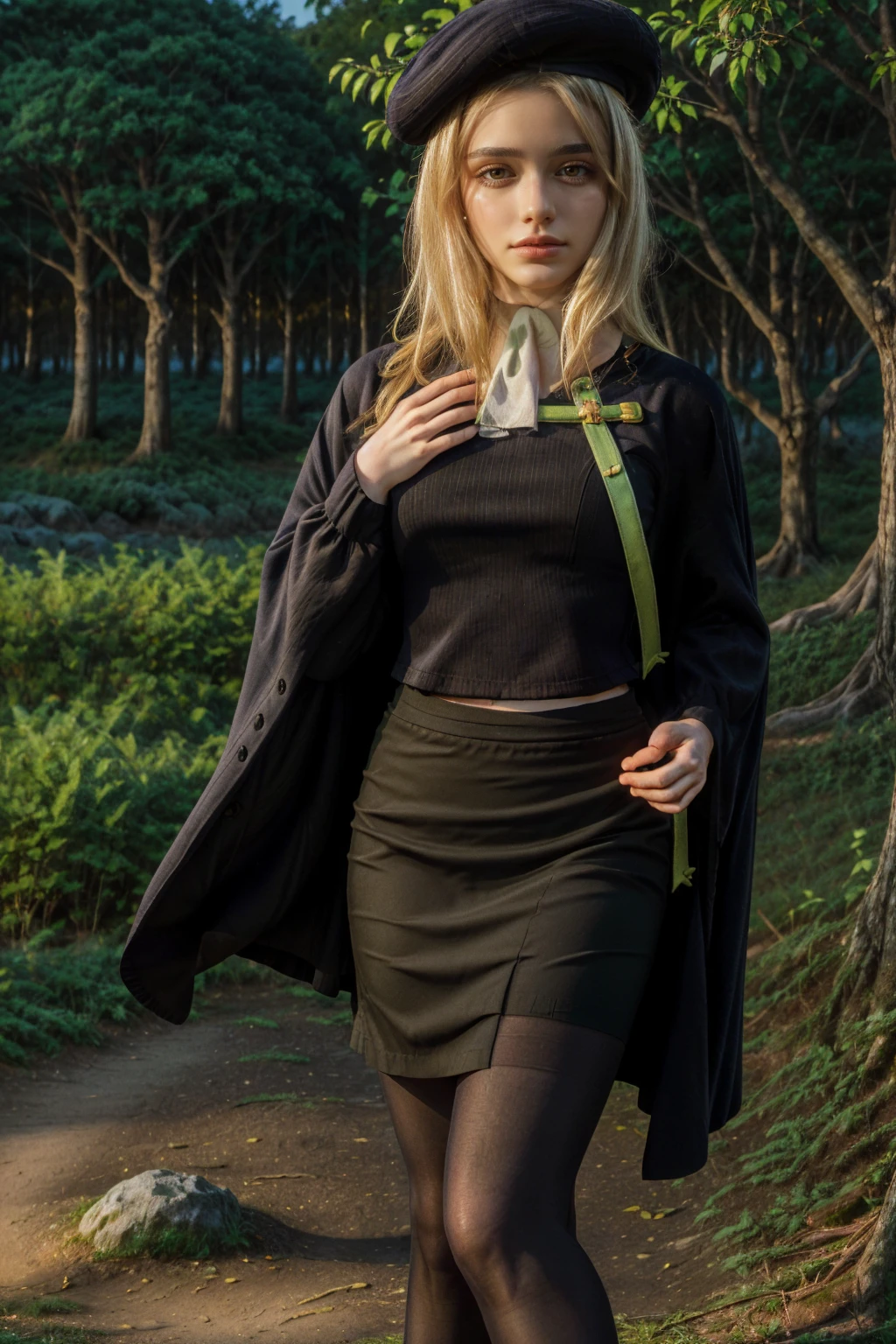 1 girl, best quality, ((Miyo)), tarankaaa, perfect face, beautiful smile, 30 years old, ((ascot,uniform, black skirt, cross, ribbon, gold blonde hair, emerald, beret, cape, pantyhose)), ((perfectly drawn hands)), perfect body, bare tree, bush, fog, forest, grass, nature, outdoors, plant, scenery, solo, standing, tree, 32k photograph, ((perfect eyes, detailed eyes,realistic eyes)), ((sharp face, detailed face, realistic face, natural skin, realistic skin, detailed skin, pores)), full body, tone mapping, asian-european, ((masterpiece)), ((highres)), ((detailed background)), japanese village background, night, big proportions, (abdomen is covered)