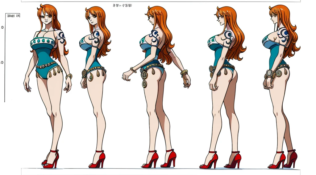 ((Best Quality)), ((Masterpiece)), (((detailed character sheet, frontal view, side view, three quarter view))) white background、one piece、US、whole body、whole bodyイラスト、whole bodyアニメーション、whole bodyリファレンスシート、High heels、Swimwear、比基尼、original、New World、Long Hair、Orange Hair、Tattoo on left arm、Ring belt、Heighten your head、smile、Cute face、Big Breasts、Narrow waist、Long legs、Beautiful feet、8 heads tall、thong、Detailed face