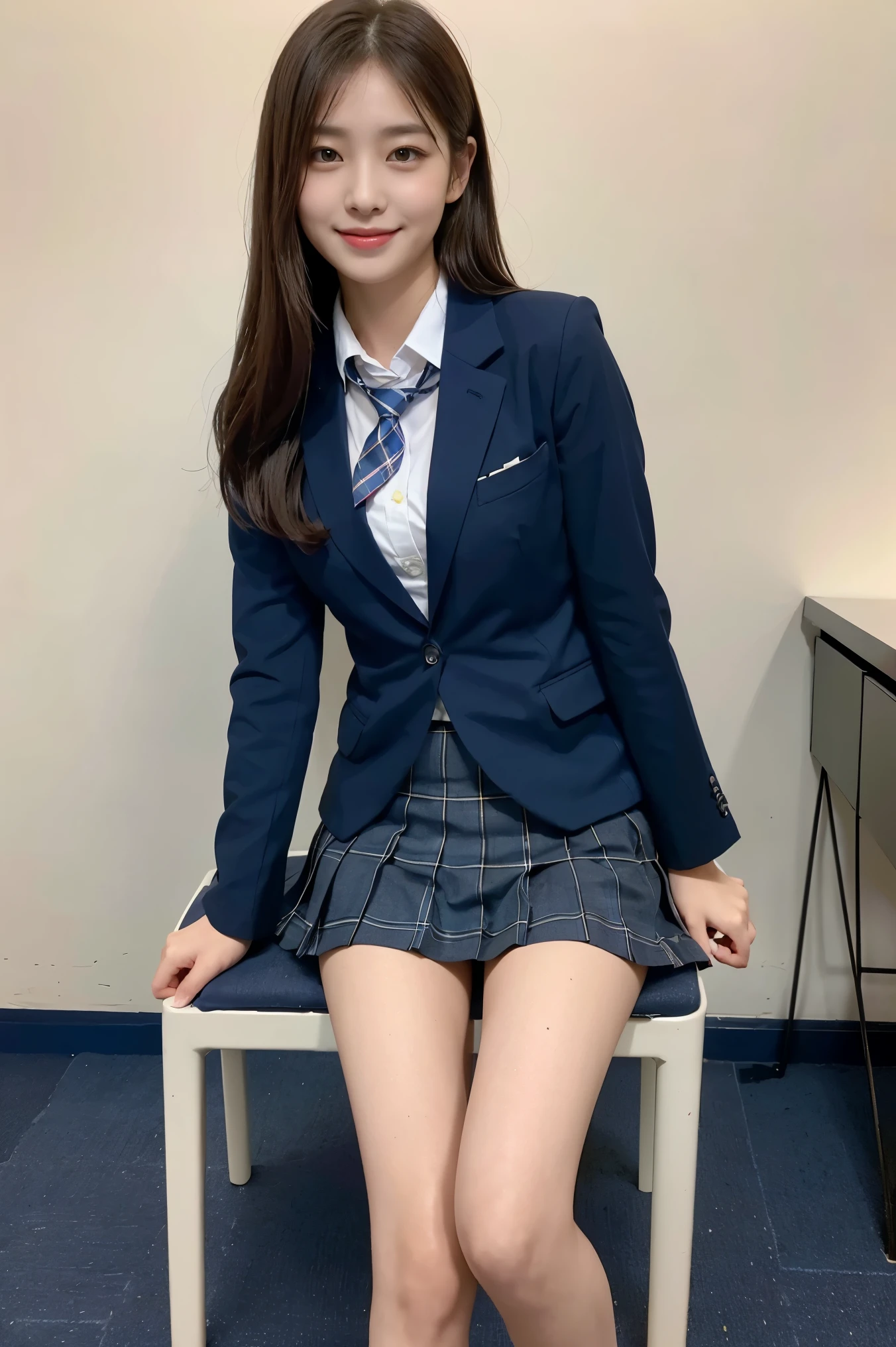 (8k), (highest quality: 1.2), (Realistic), (Realistic: 1.37), Ultra-high resolution, (1 girl), cute, blush,Embarrassed smile, Beautiful details, Beautiful Nose, straight Hair, Giant Dulcefo, pork, Thighs，Self Snap,University Uniforms,(A simple dark blue blazer:1.4),(Pleated skirt:1.2),(The skirt and tie are tartan check pattern.:1.3),(Sitting:1), Sit on the chair,(Hold my feet:1),(Shiny legs:1.2),from the front,knees