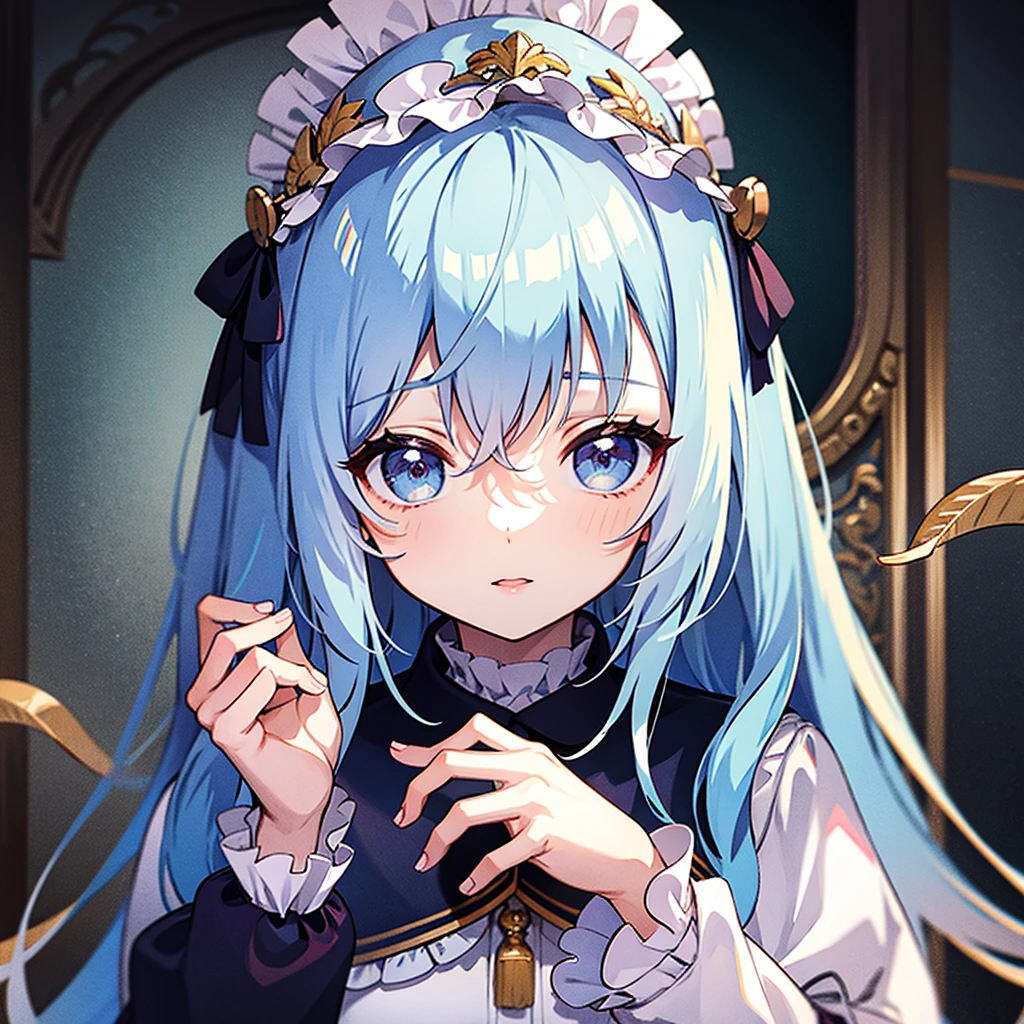 ((Highest quality)), ((masterpiece)), (detailed), Fine Lines, (Big eyes, Droopy eyes, Lower eyelid corners droop), (Light blue hair), ribbon, Frills, Pastel feel, Face close-up, One girl