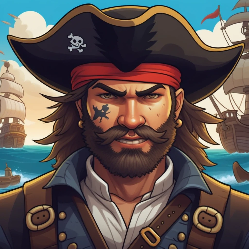 pirate man closed up face , mobile game art, banner, detailed game art, stylized game art, 8k highly detailed , game illustration, splash screen art, full card design, wallpaper!, extended art