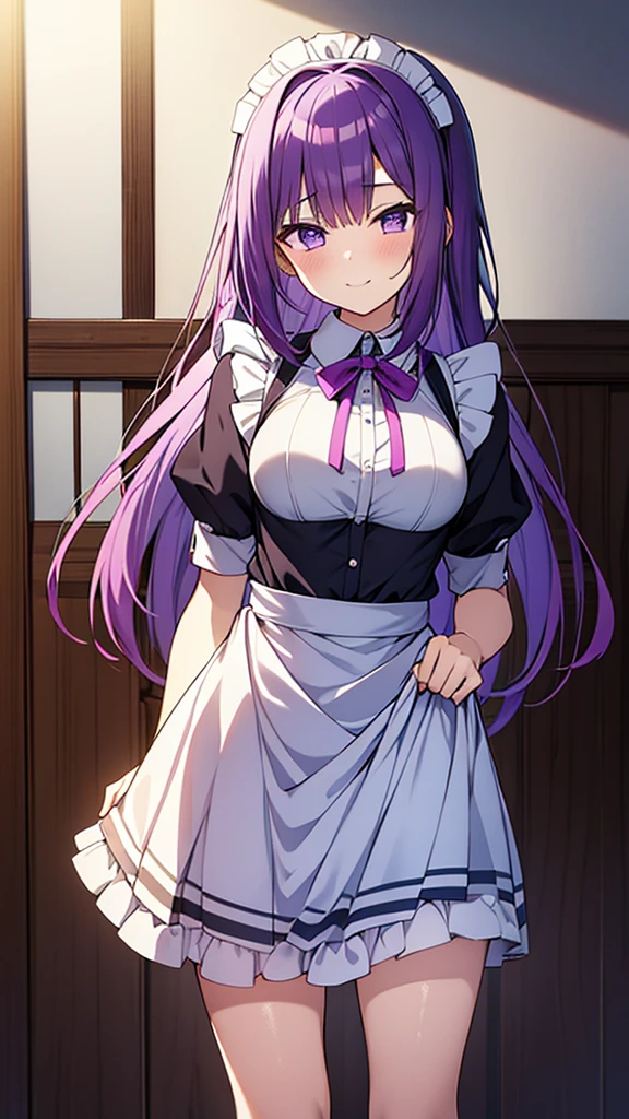 最high quality, high quality, Super detailed, 16K, Ultra-detailed details, pretty girl, alone, beautiful purple hair, Beautiful purple eyes, Big Breasts, A light smile, Summer clothes, Summer Maid clothes, I'm lifting my skirt, Blue and white color striped underwear(Showing her underwear under her skirt), My crotch is wet with love juice, {{A succubus who falls in love with a man steals the facial skin of the girl he loves, transforms her face into that of a girl, and serves the man as a maid.}}, Full body image, NSFW