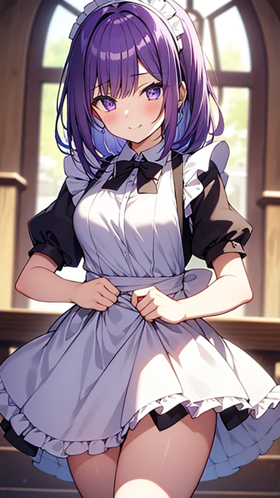 最high quality, high quality, pretty girl, alone, beautiful purple hair, Beautiful purple eyes, A light smile, Maid clothes, I'm lifting my skirt, My crotch is wet with love juice, NSFW