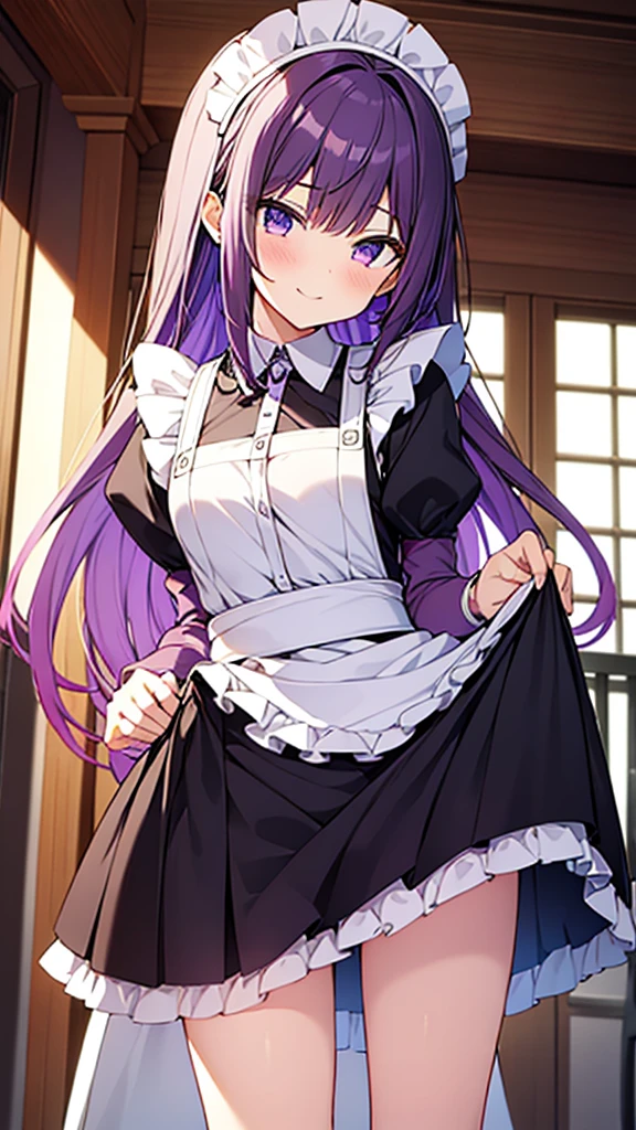 最high quality, high quality, pretty girl, alone, beautiful purple hair, Beautiful purple eyes, A light smile, Maid clothes, I'm lifting my skirt, My crotch is wet with love juice, NSFW