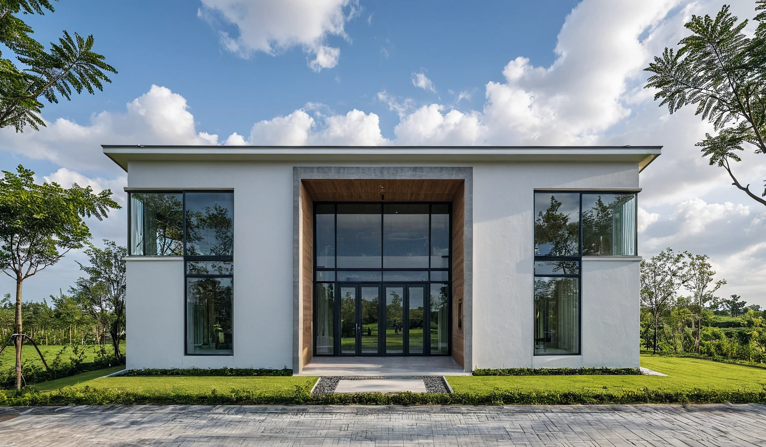 Masterpiece, high quality, best quality, authentic, super detail, outdoors, onestoreyvillaXL, aiaigroup, house style modern on the street ,stairs, white wall ,road,pavement, grass, trees, sky, cloud, (daylight:1.1)