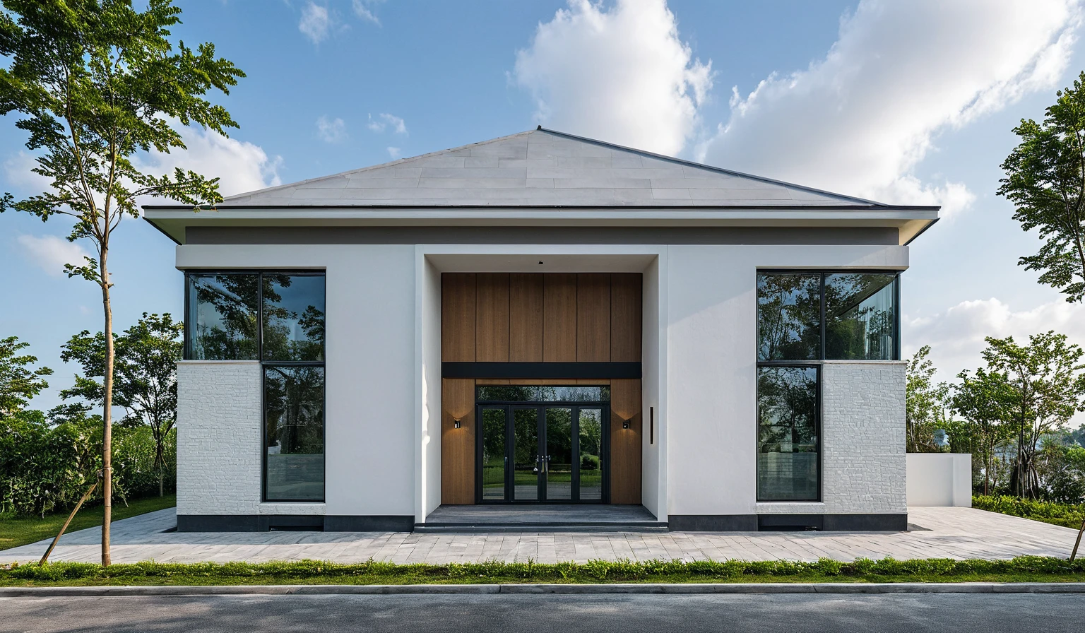 Masterpiece, high quality, best quality, authentic, super detail, outdoors, onestoreyvillaXL, aiaigroup, house style modern on the street ,stairs, white wall ,road,pavement, grass, trees, sky, cloud, (daylight:1.1)