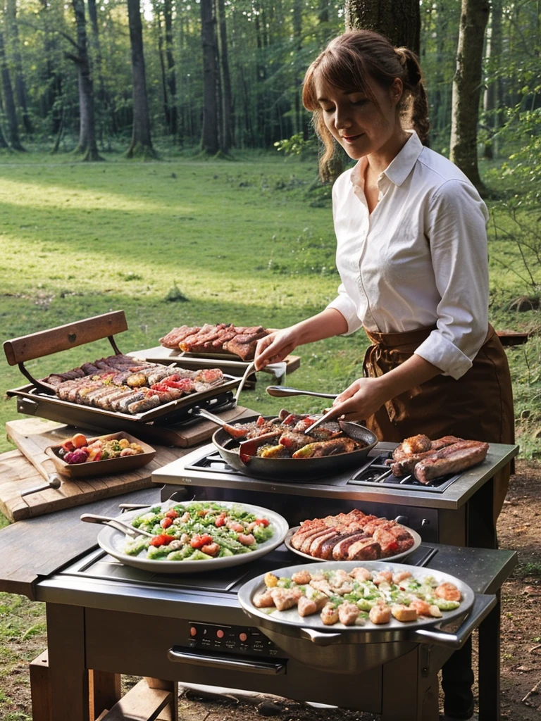 outdoor cooking meats camping bbq with beautiful white shirt female in the forest