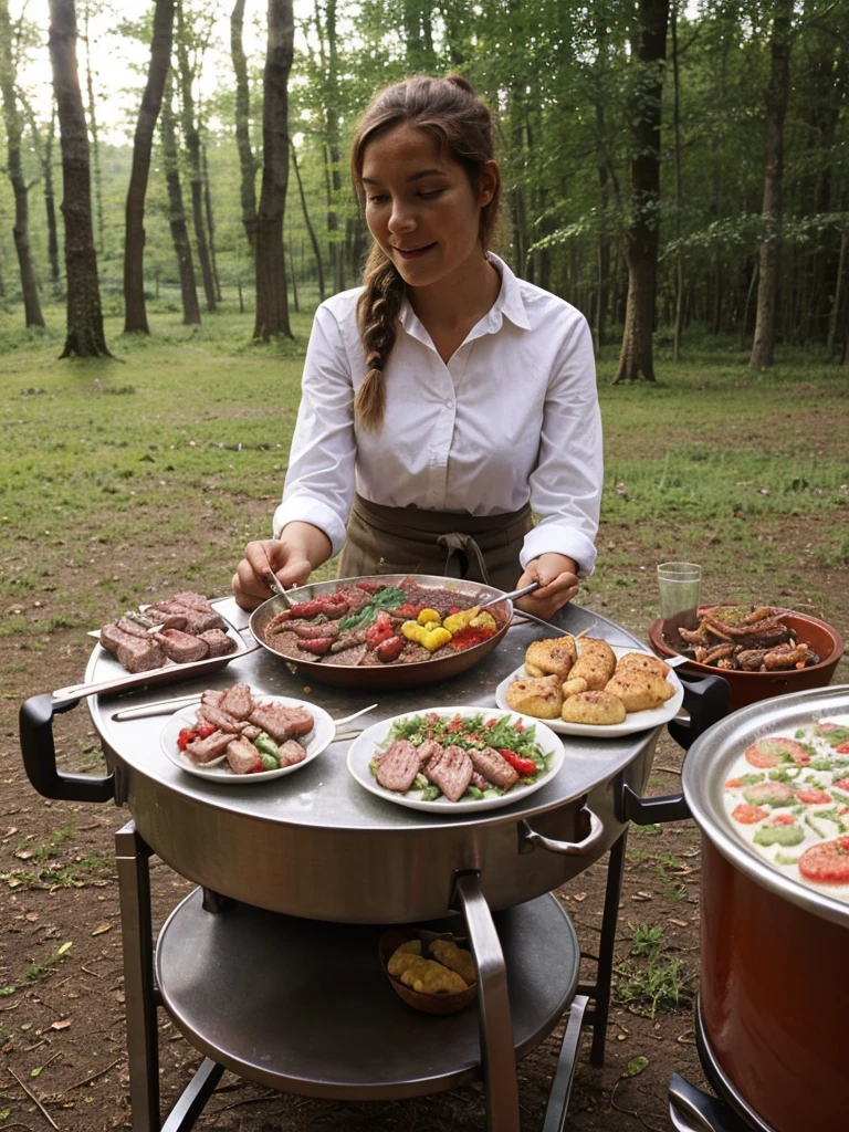 outdoor cooking meats camping bbq with beautiful white shirt female in the forest